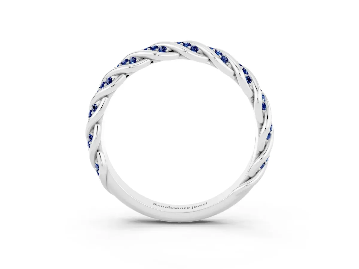 Twisted Pavé Round Blue Sapphire Eternity Band with Shared Prong Setting Platinum