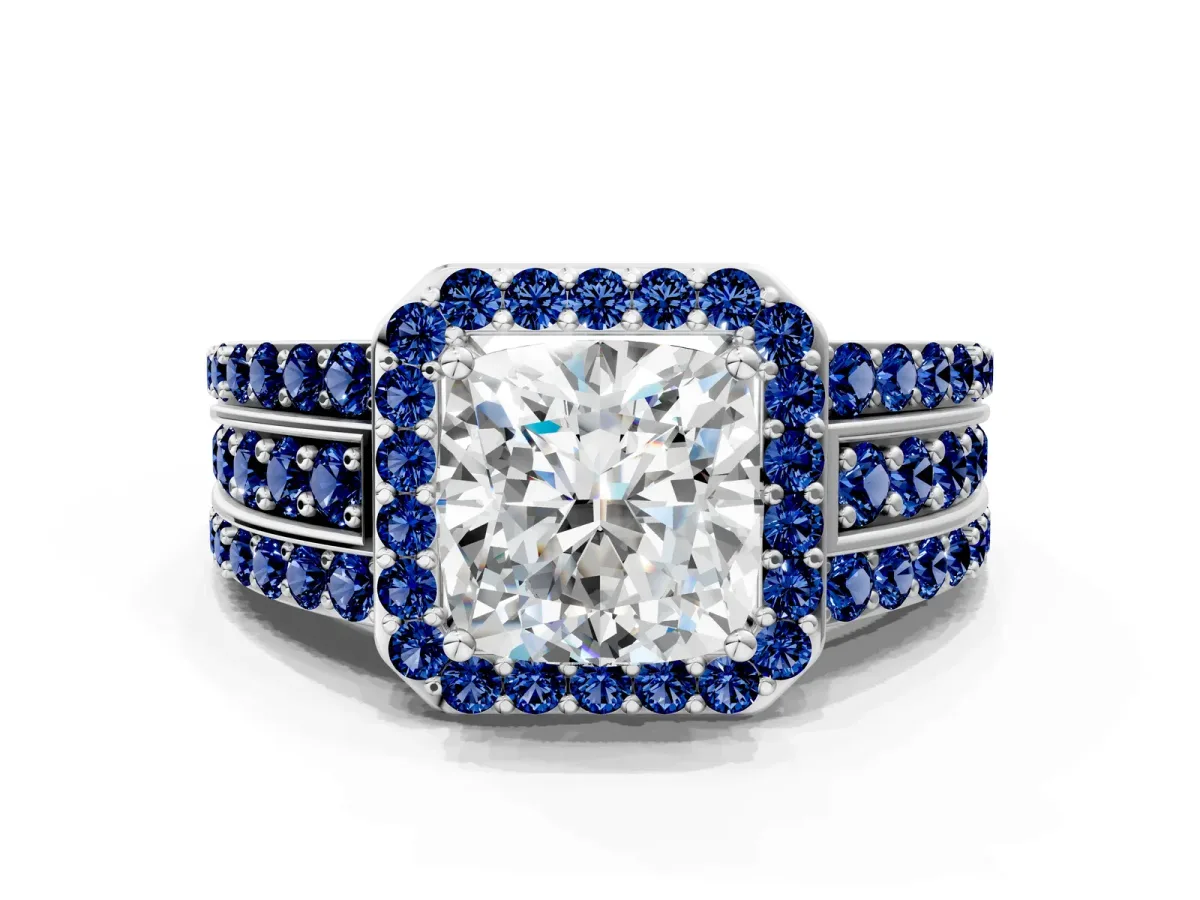 Cushion Cut Halo Diamond Ring with Round Blue Sapphire Split Shank and Prong Setting Silver