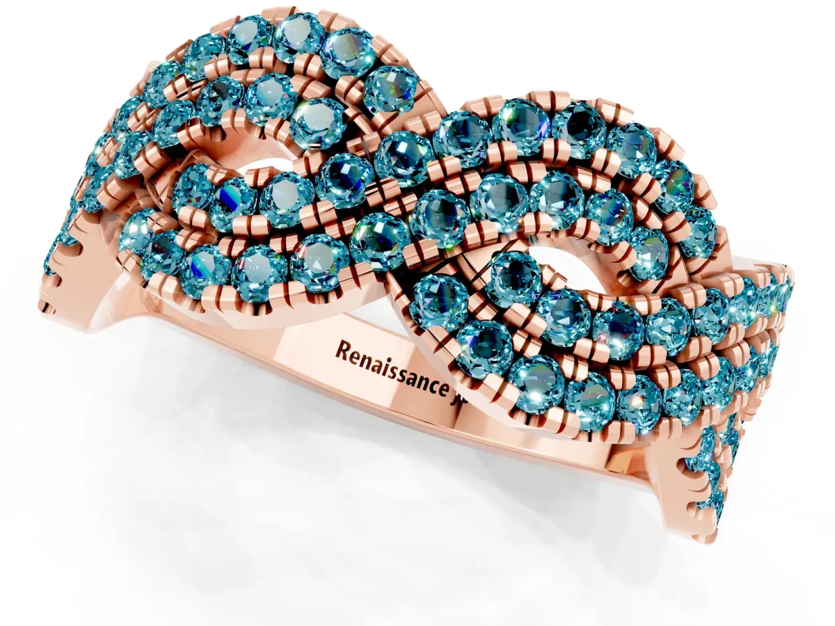 Pavé Round Blue Topaz Infinity Twist Band with Shared Prong Setting Rose gold