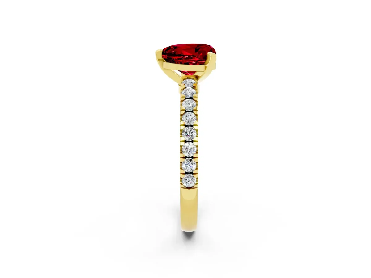 Heart Cut Solitaire Ruby with Pavé Band and Four-Prong Setting Yellow gold