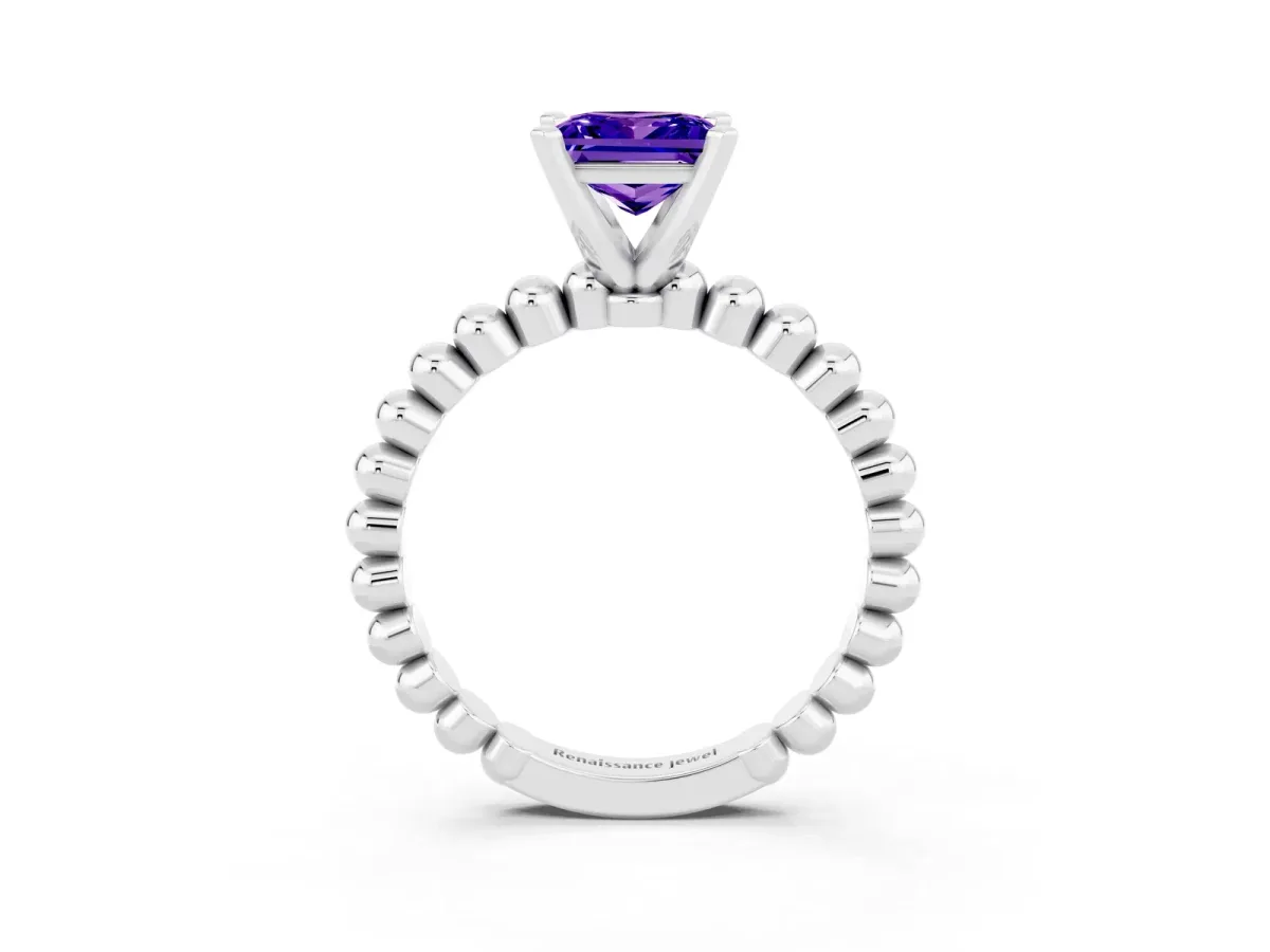 Princess Cut Tanzanite Solitaire Ring with Beaded Band and Prong Setting Platinum