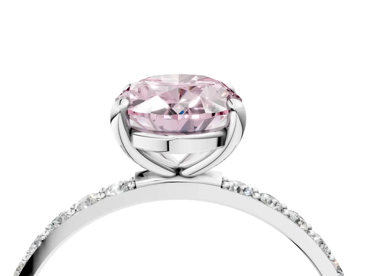 Fancy Pink Oval Cut Diamond Solitaire Ring with Round Pavé Band and Prong Setting Silver