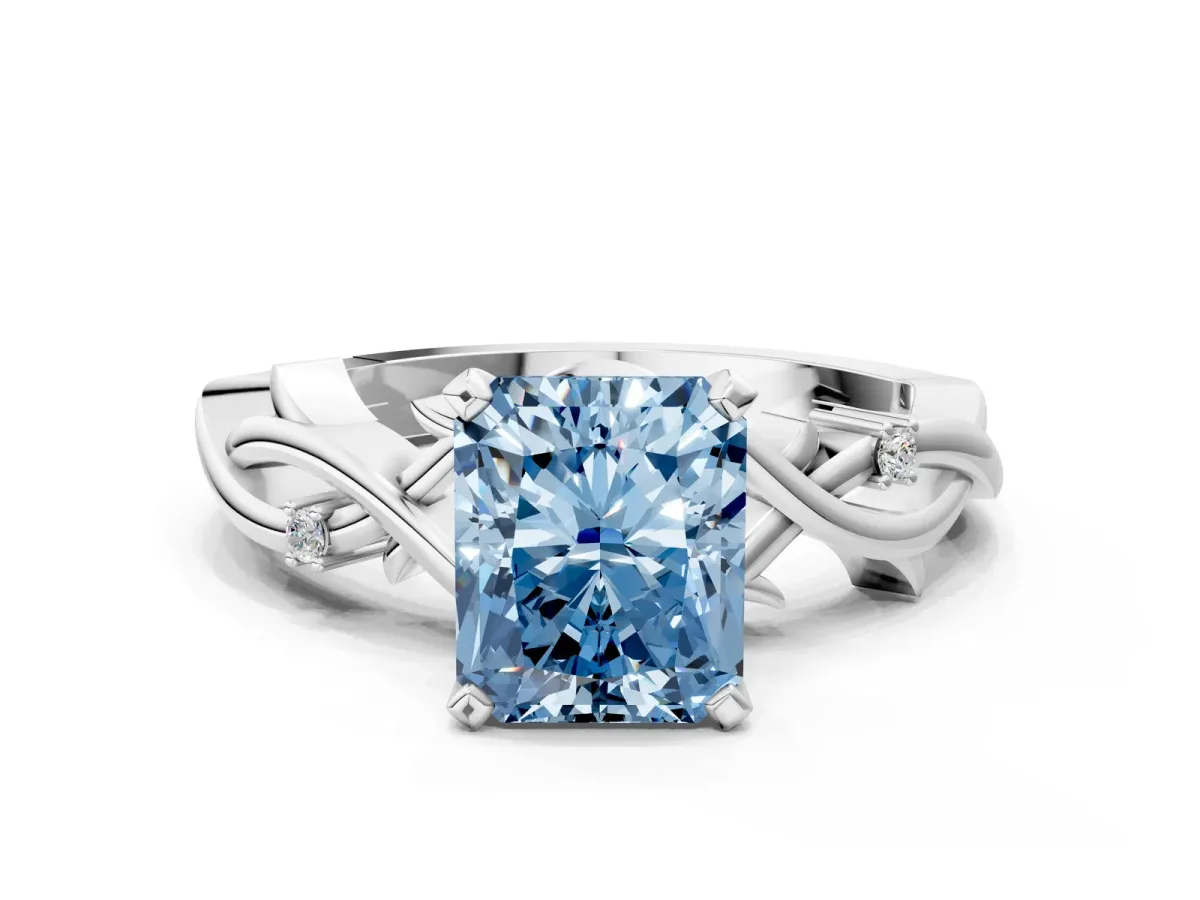 Fancy Blue Radiant Cut Diamond Solitaire Ring with Twisted Band and Prong Setting Platinum