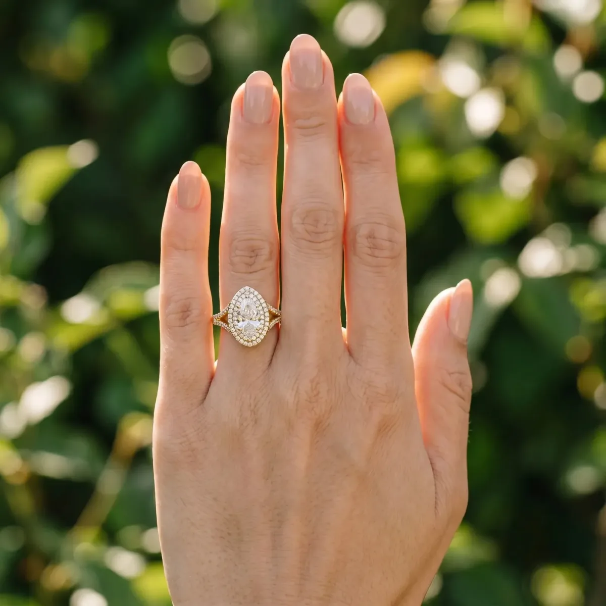 Pear Cut Diamond Double Halo Ring with Split Shank and Prong Setting Yellow gold