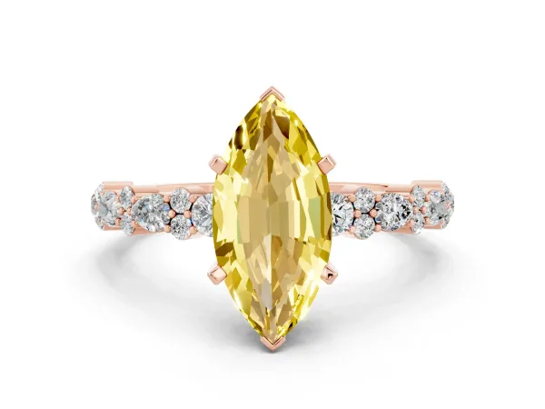 Marquise Cut Yellow Sapphire Side Stone Solitaire Ring with Round and Four-Prong Setting Rose gold