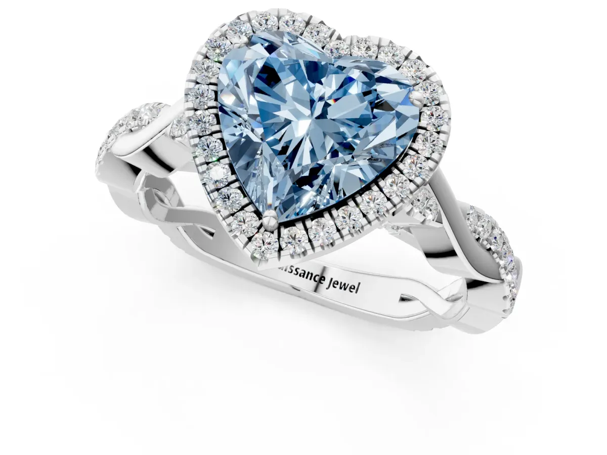 Fancy Blue Heart Cut Halo Twist Band Solitaire Ring Platinum