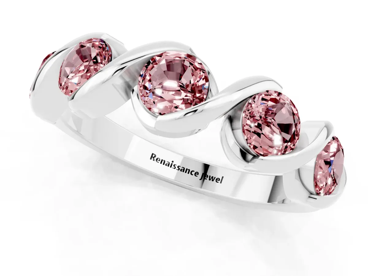 Round Morganite Wave Band with Channel Setting and Shared Prongs Silver