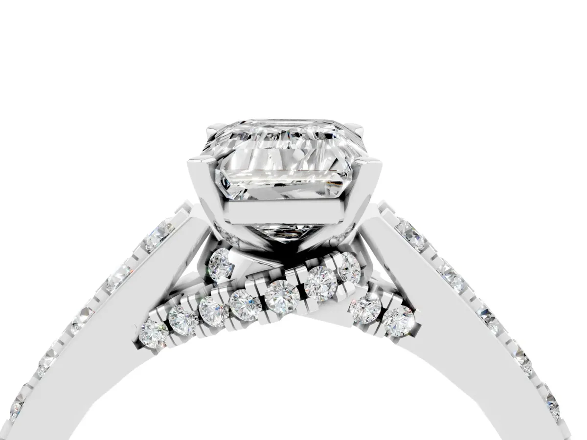Emerald Cut Moissanite Solitaire Ring with Crossover Gallery and Round Pavé Band Silver