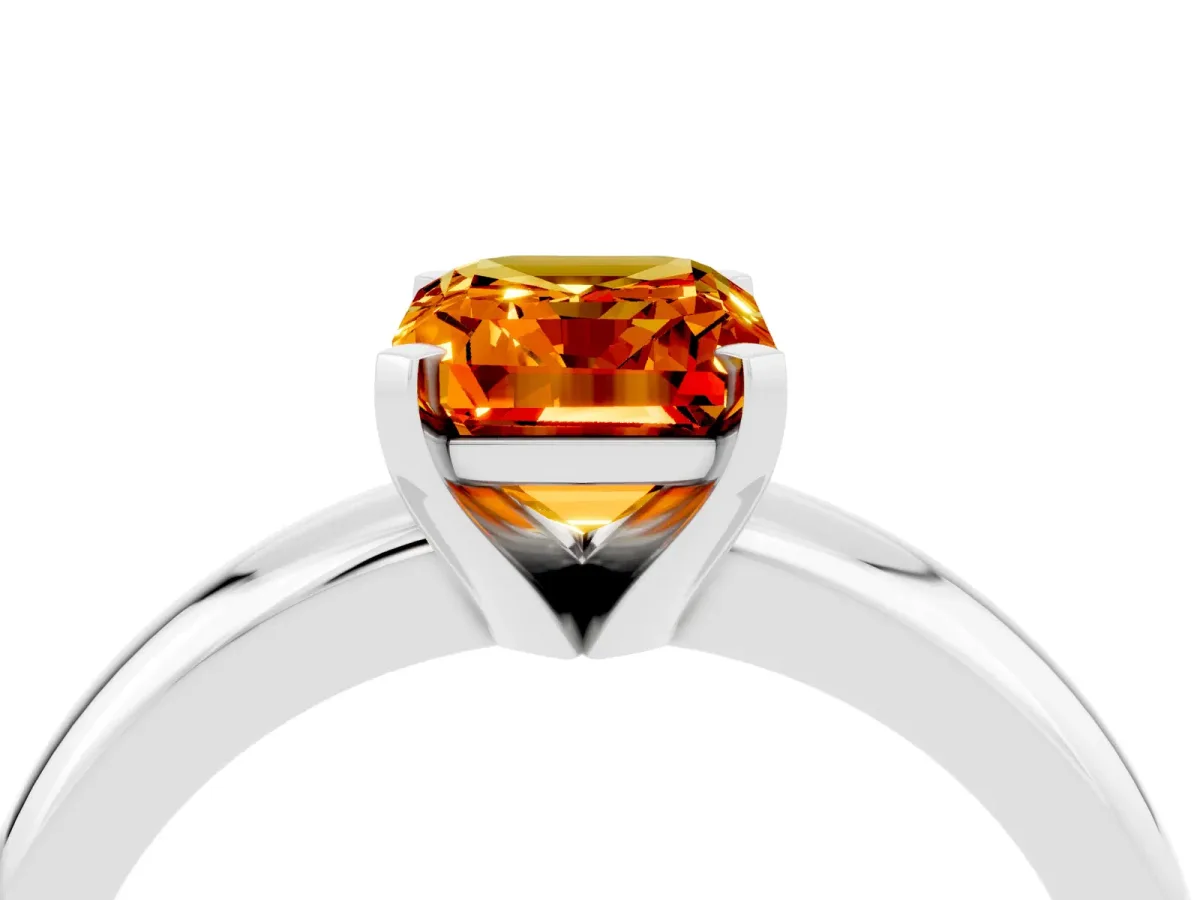 Emerald Cut Citrine Solitaire Engagement Ring with Round Band and Four-Prong Setting Silver