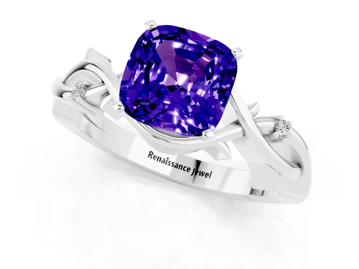 Cushion Cut Tanzanite Solitaire Ring with Twisted Band and Prong Setting Platinum