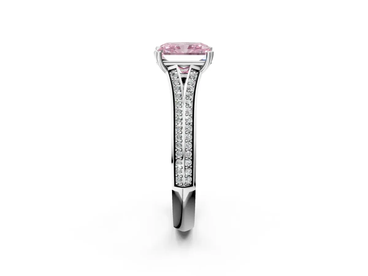 Fancy Pink Radiant Cut Diamond Split Shank Engagement Ring with Pavé Band Platinum