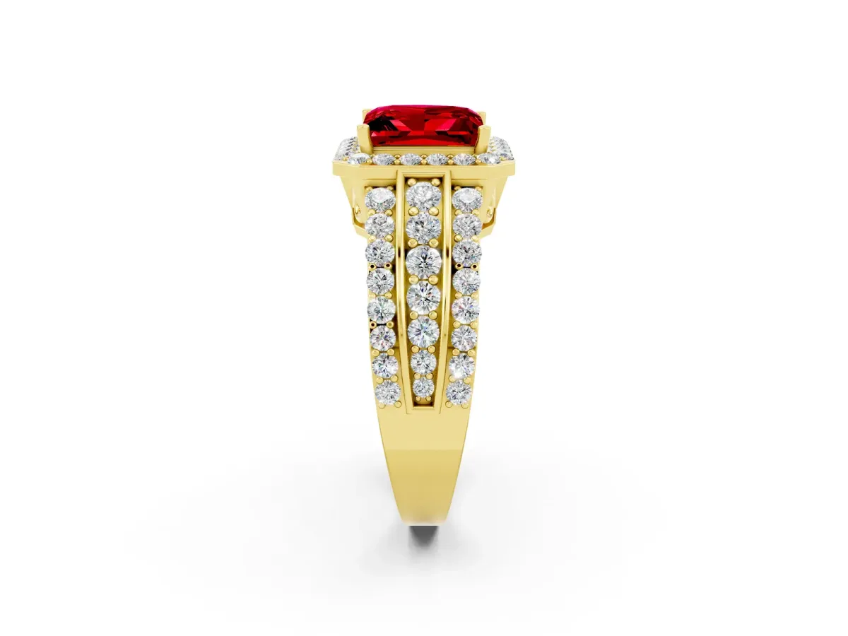 Princess Cut Halo Ruby Ring with Round Split Shank and Prong Setting Yellow gold