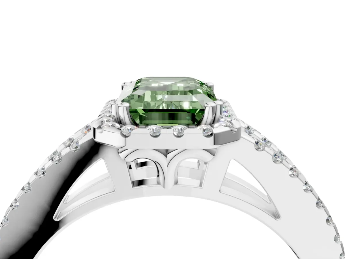 Fancy Green Emerald Cut Diamond Halo Split Shank Engagement Ring Platinum