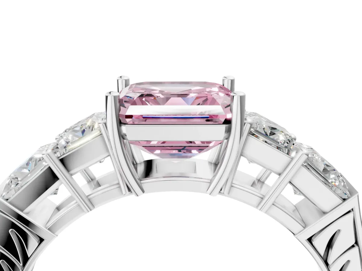 Fancy Pink Asscher Cut Solitaire Princess Side Stone Engraved Band Prong Setting Ring Silver