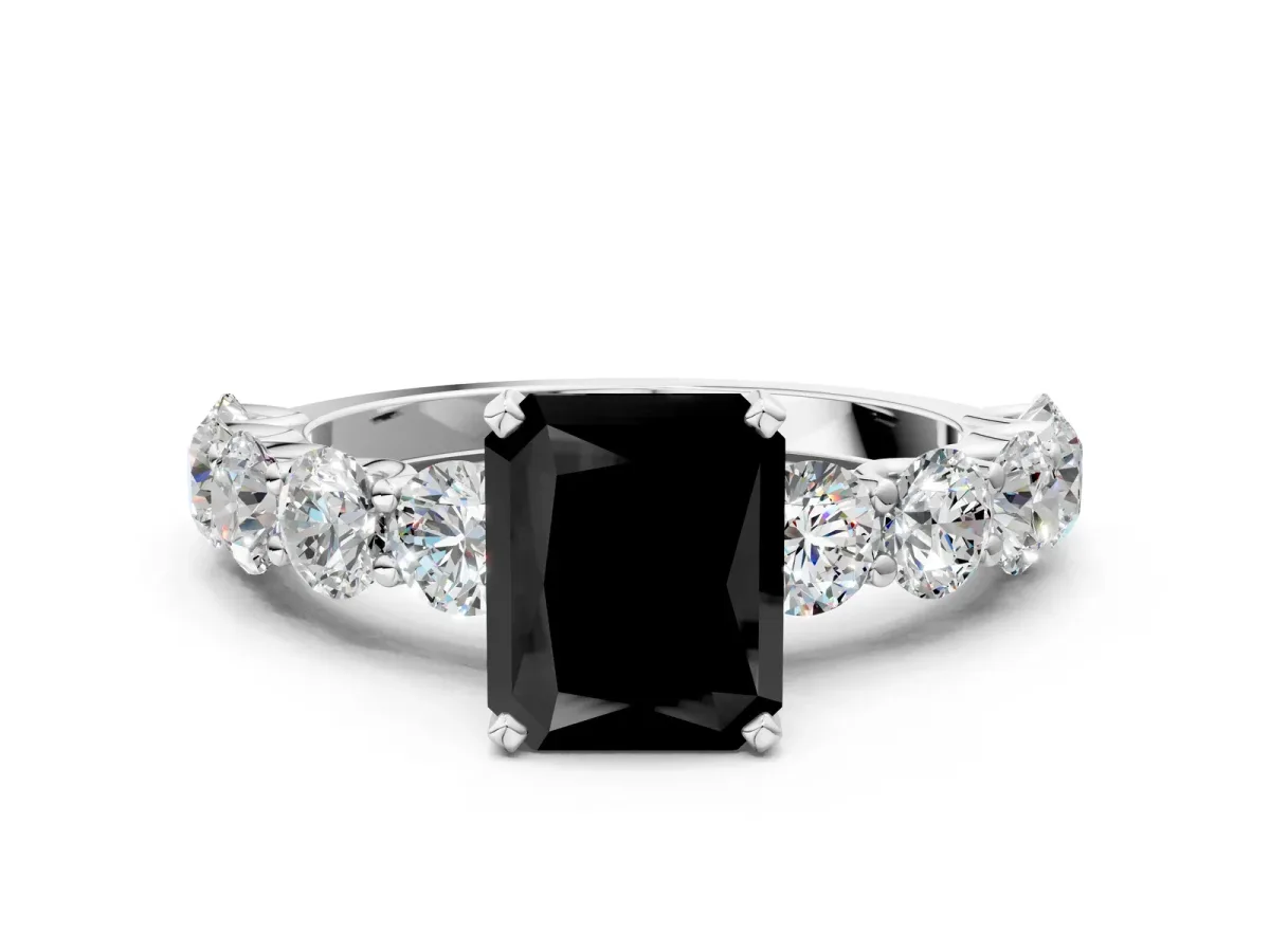 Fancy Black Radiant Cut Diamond Prong Setting with Side Stones on a Pave Band Silver