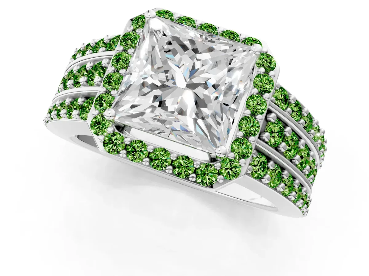 Princess Cut Halo Diamond Ring with Round Peridot Split Shank and Prong Setting Silver