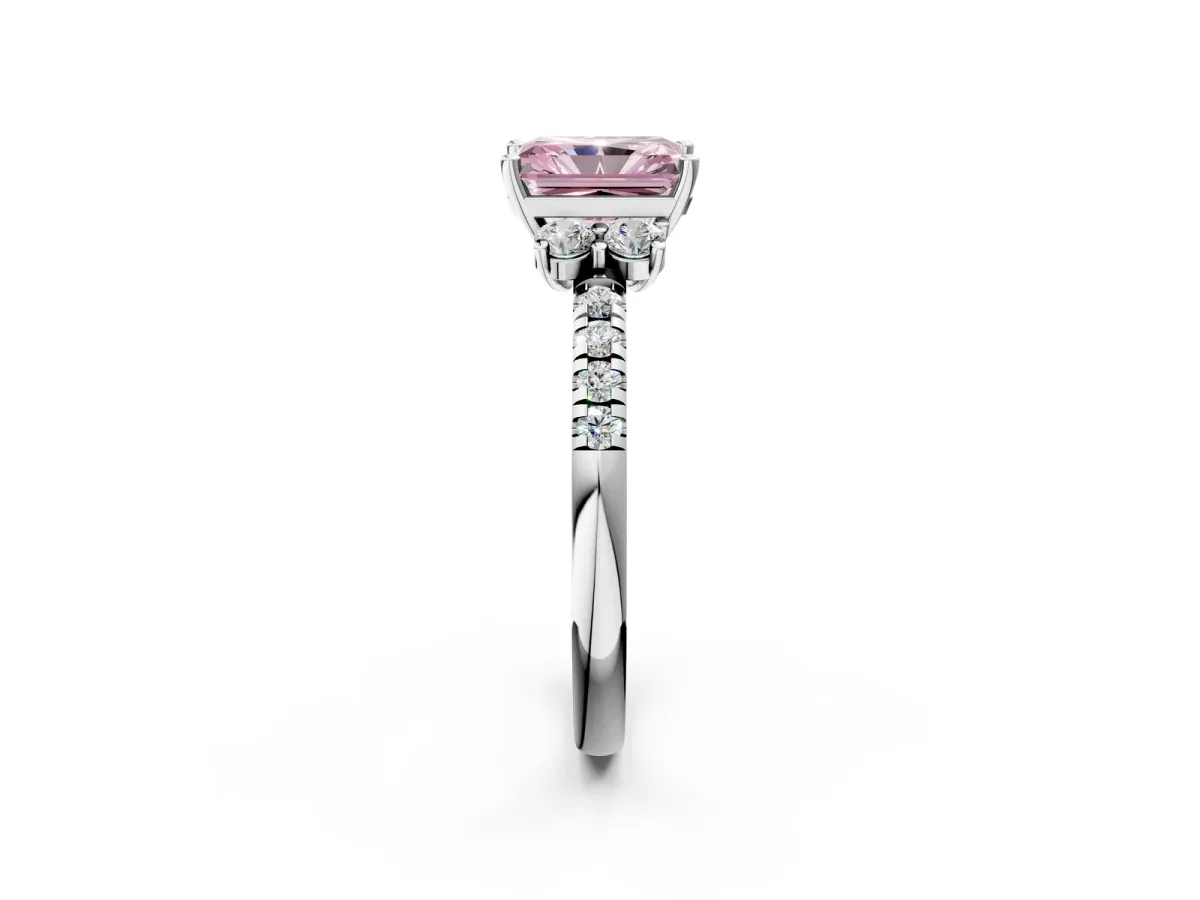 Fancy Pink Radiant Cut Diamond Three-Stone Pave Band with Four-Prong Setting Platinum