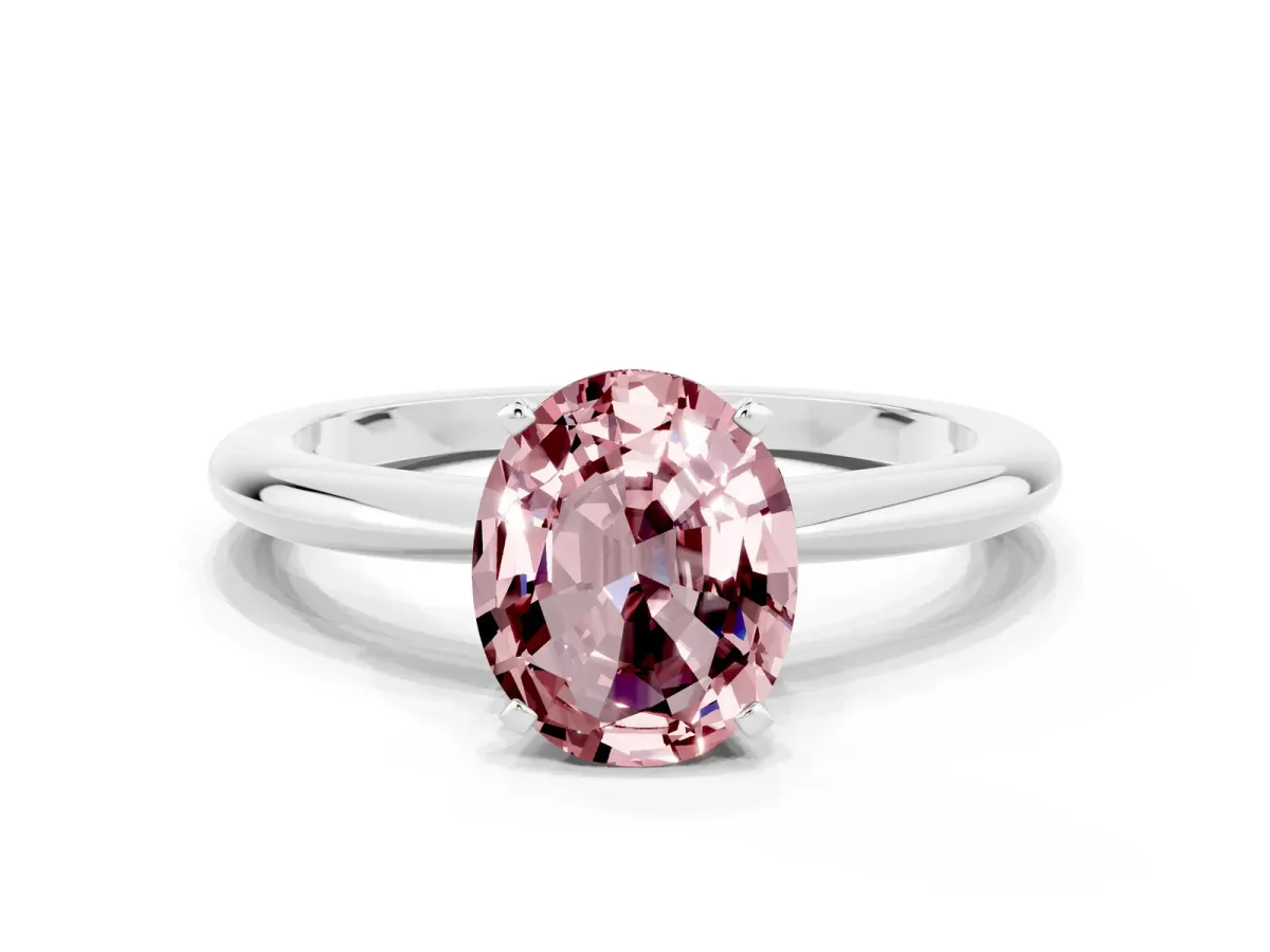 Oval Cut Morganite Solitaire Ring with Six-Prong Setting and Classic Band Platinum