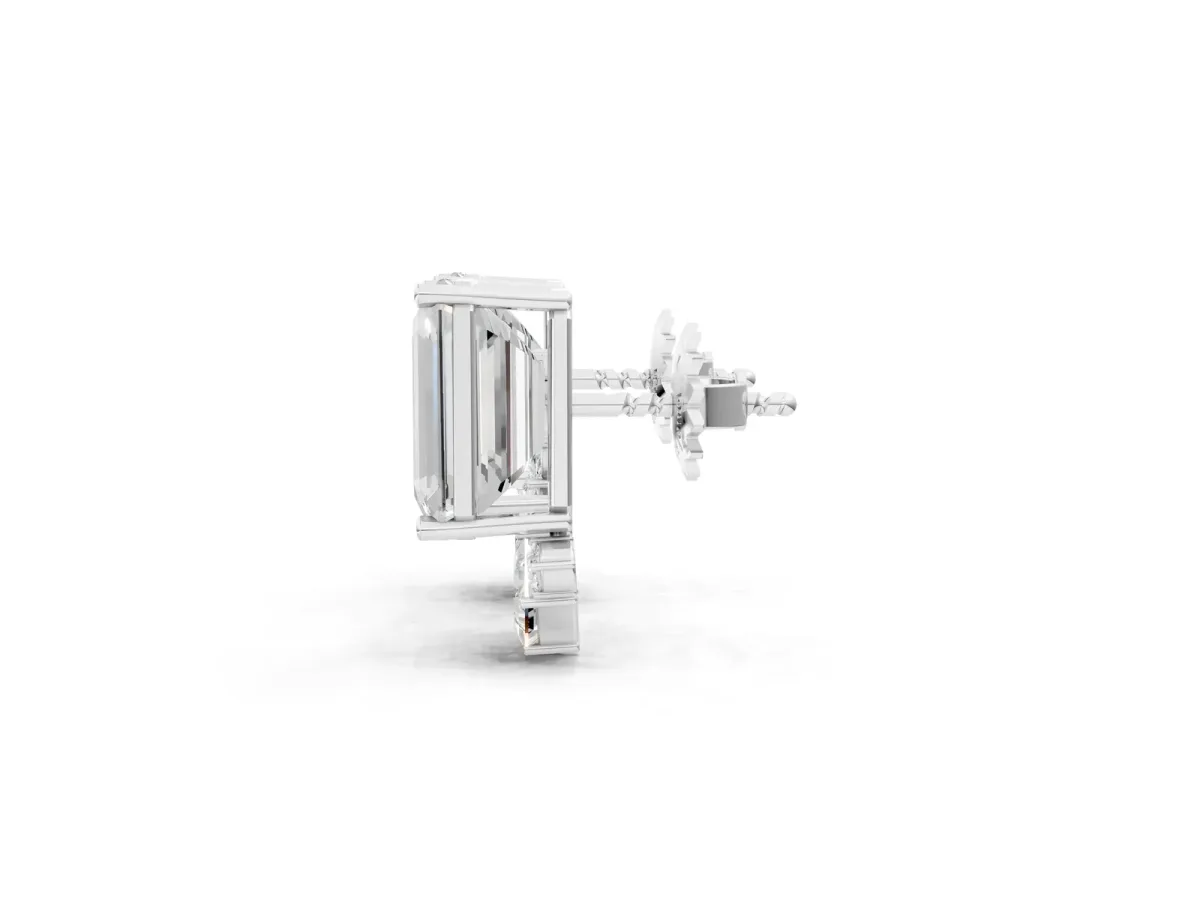 Emerald Cut Diamond Stud Earrings with Round and Oval Accents Silver