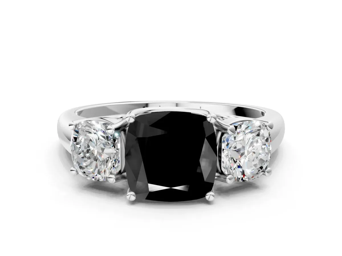 Fancy Black Three-Stone Cushion Cut Diamond Engagement Ring with Prong Setting White gold