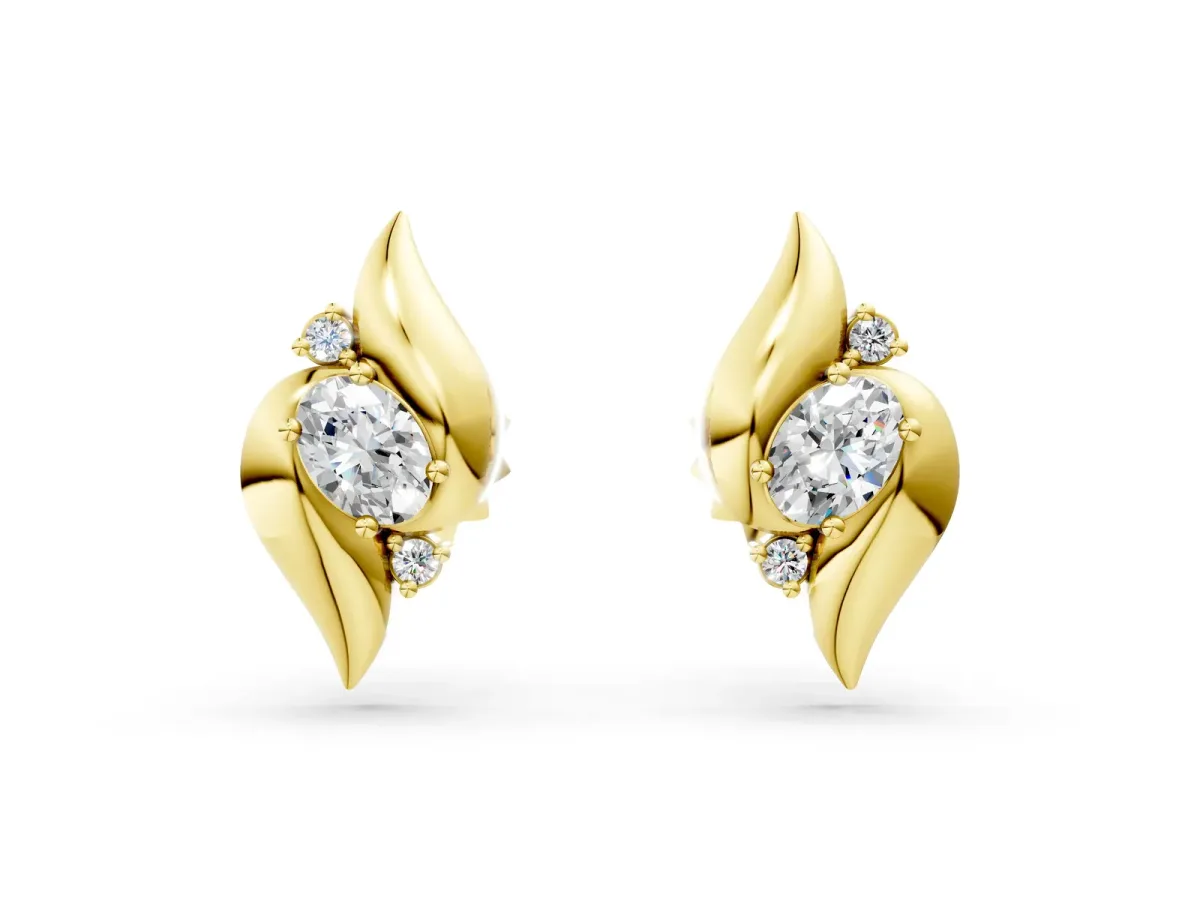 Oval Diamond Shell Stud Earrings Yellow gold