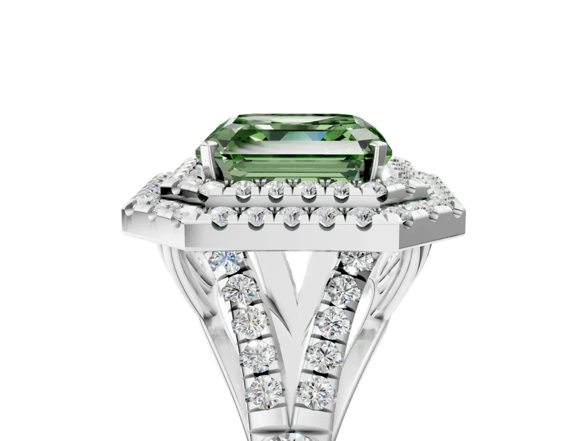 Fancy Green Asscher Cut Diamond Double Halo Ring with Split Shank and Prong Setting Silver