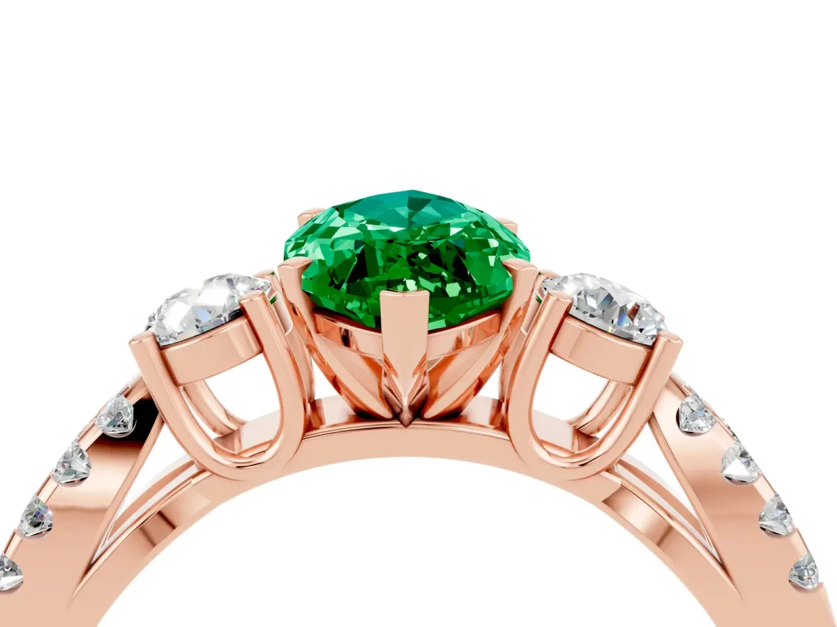 Marquise Cut Emerald Three-Stone Ring with Pavé Split Shank and Four-Prong Setting Rose gold
