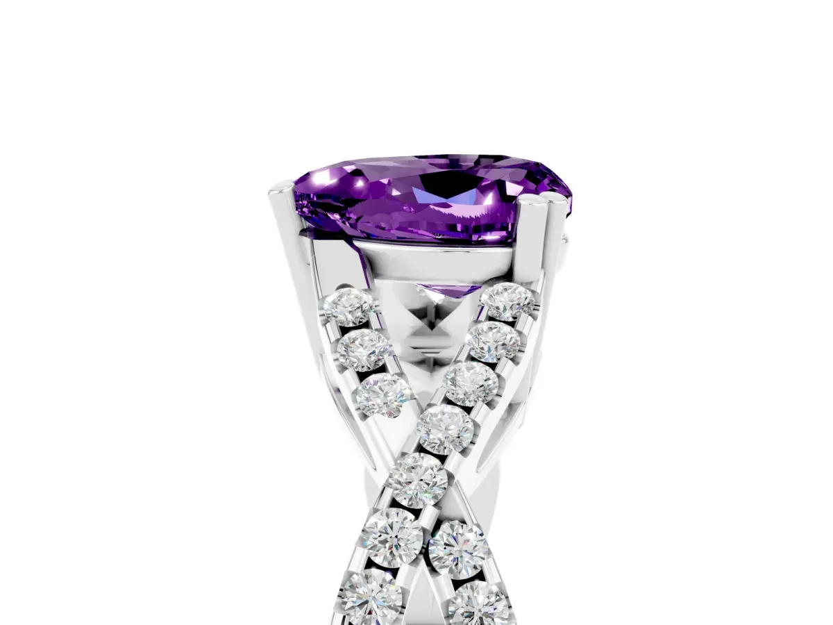 Heart Cut Amethyst Solitaire Ring with Four-Prong Setting and Twisted Pavé Band Silver