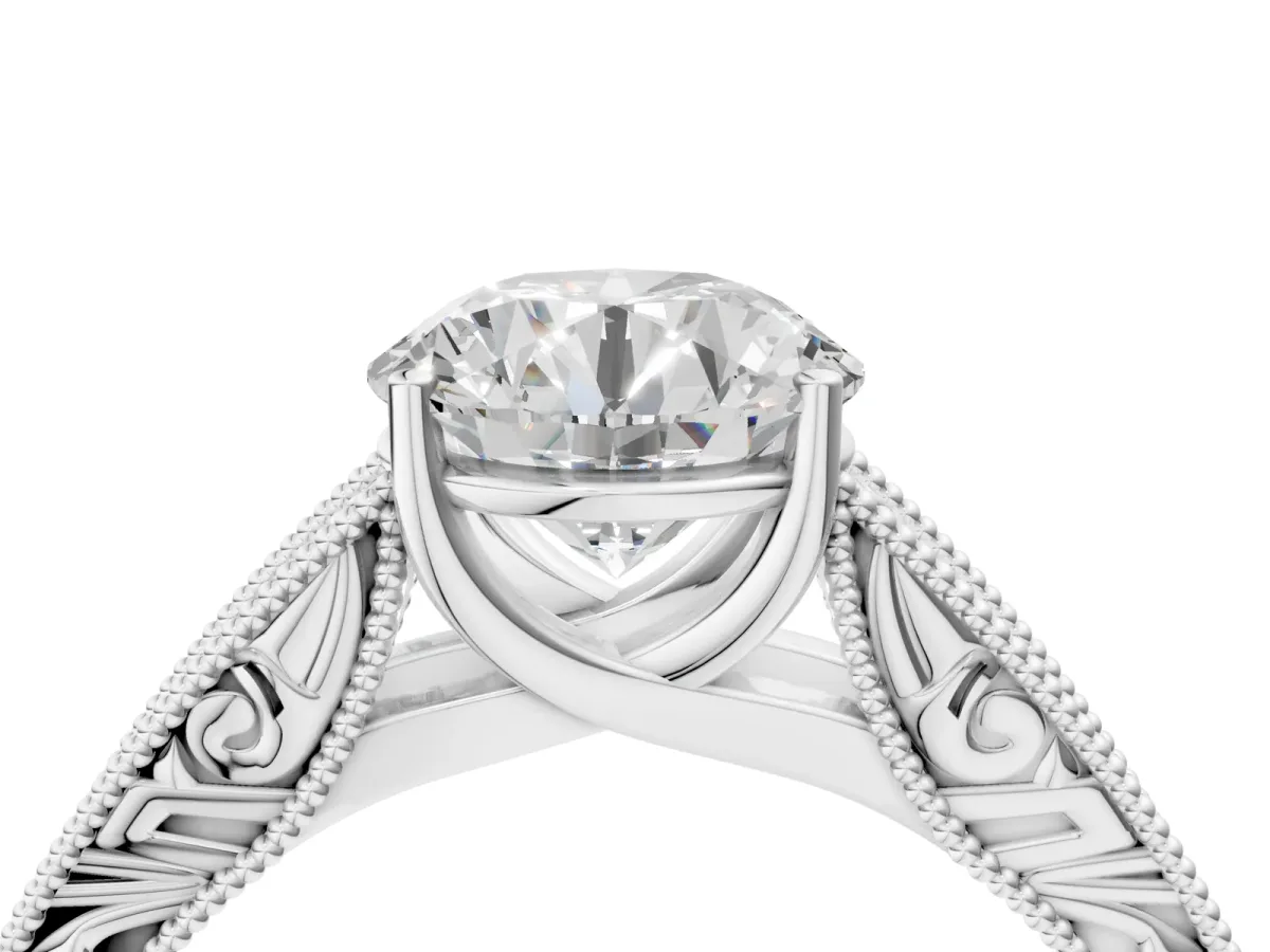 Round Cut Diamond Solitaire Ring with Engraved Band and Four-Prong Setting White gold