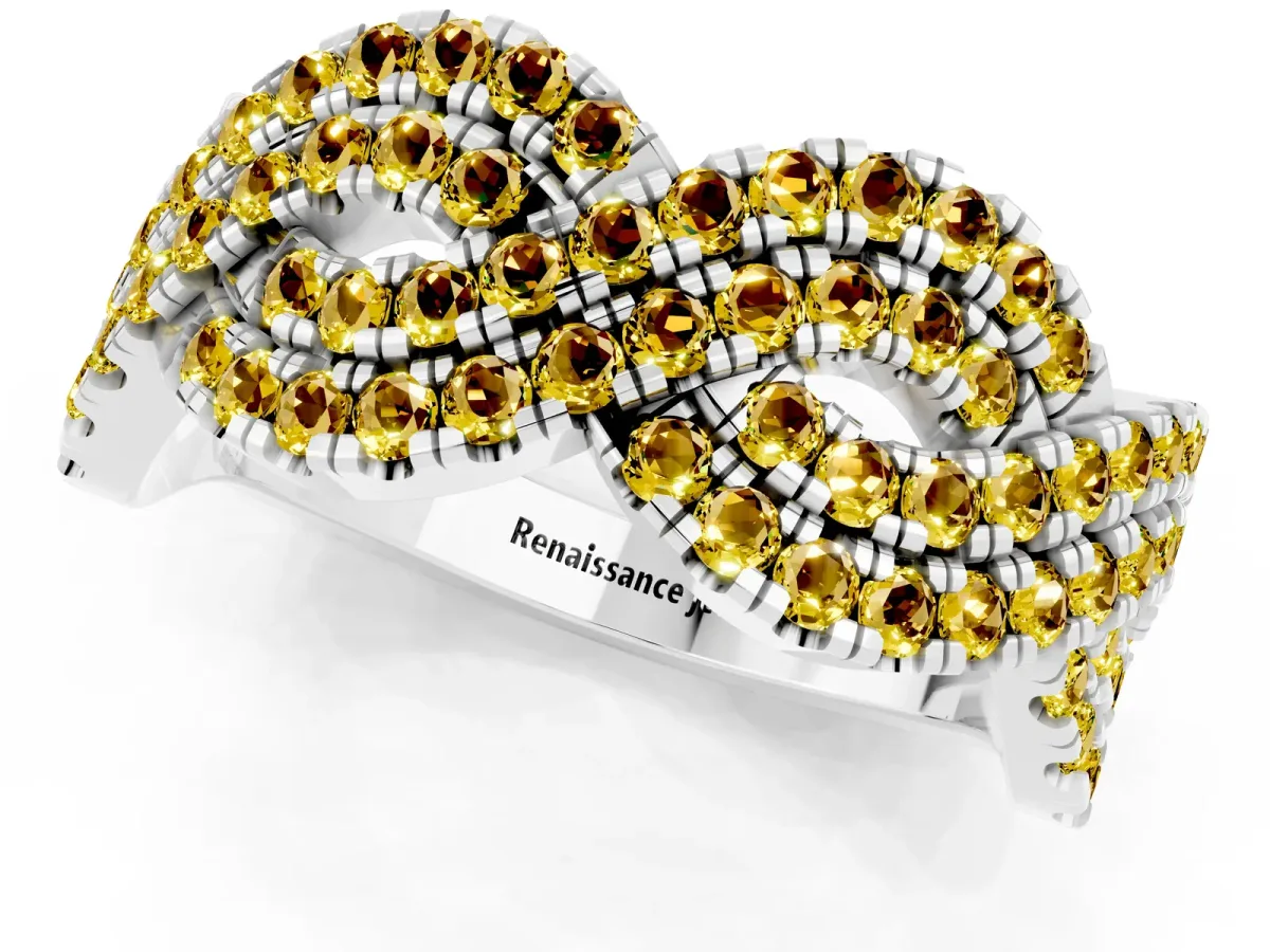 Pavé Round Yellow Sapphire Infinity Twist Band with Shared Prong Setting Platinum