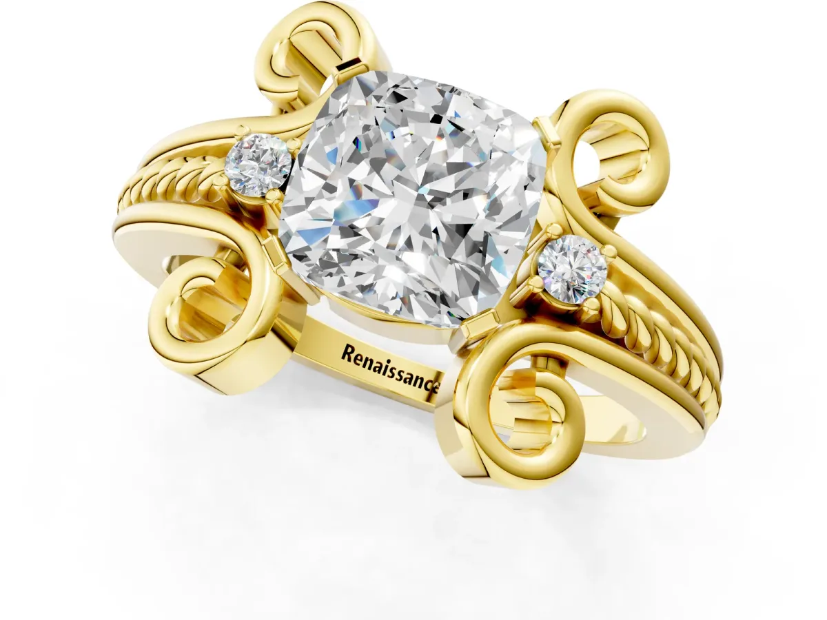 Cushion Cut Solitaire Twisted Band Scroll Prong Ring Yellow gold