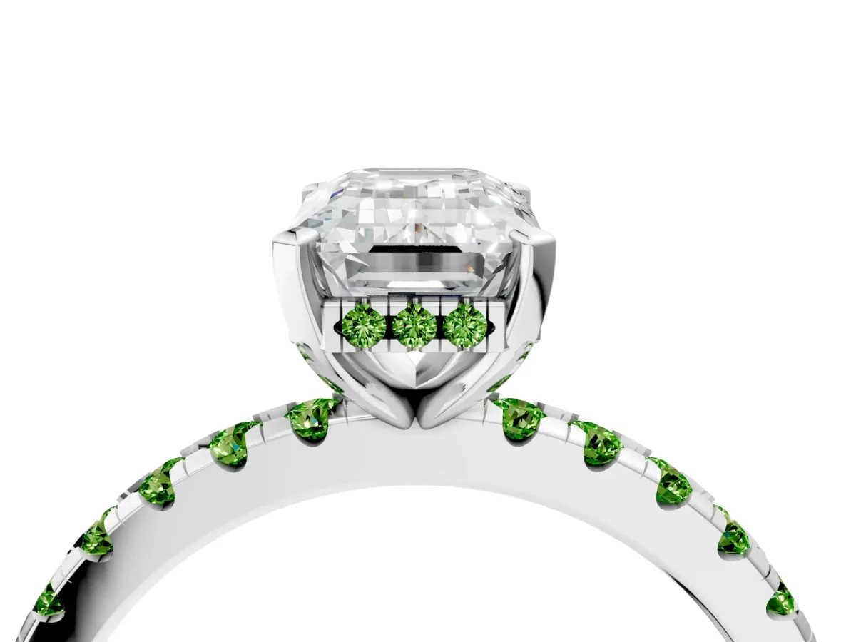 Emerald Cut Diamond Solitaire Ring with Round Peridot Pavé Band and Four-Prong Setting Silver