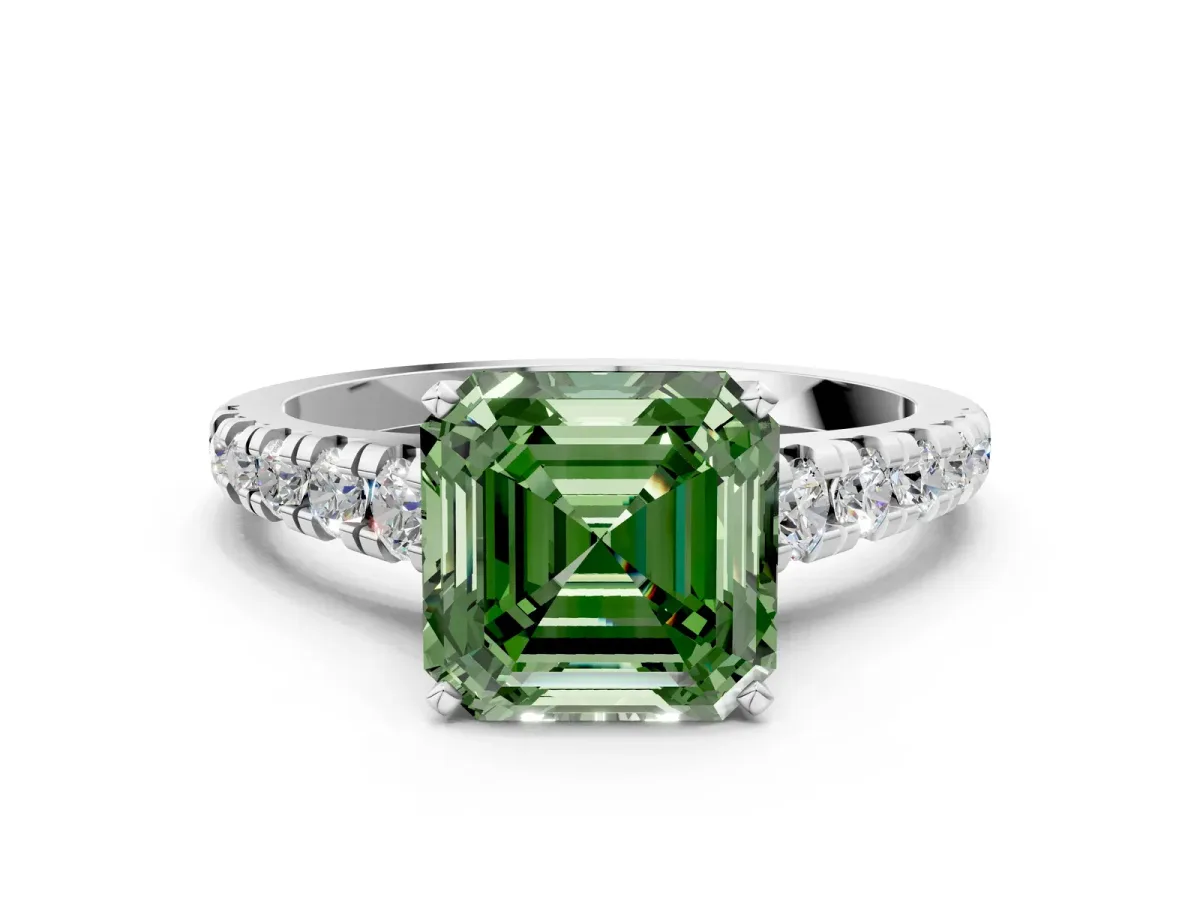 Fancy Green Asscher Cut Diamond Cathedral Solitaire Ring with Round Pavé Band Silver