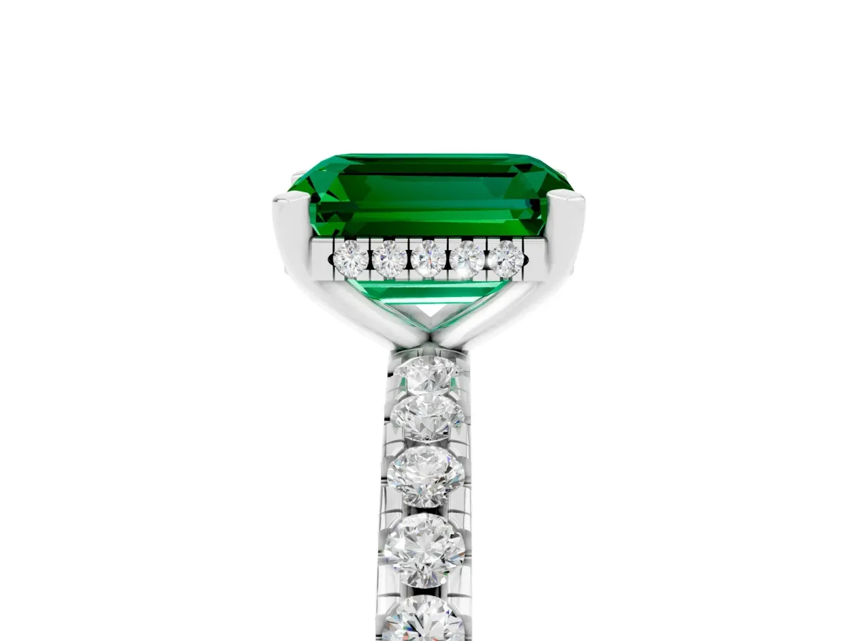 Emerald Cut Emerald Solitaire Ring with Round Pavé Band and Four-Prong Setting Silver