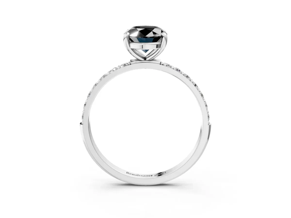 Fancy Black Oval Cut Diamond Solitaire Ring with Round Pavé Band and Prong Setting Silver