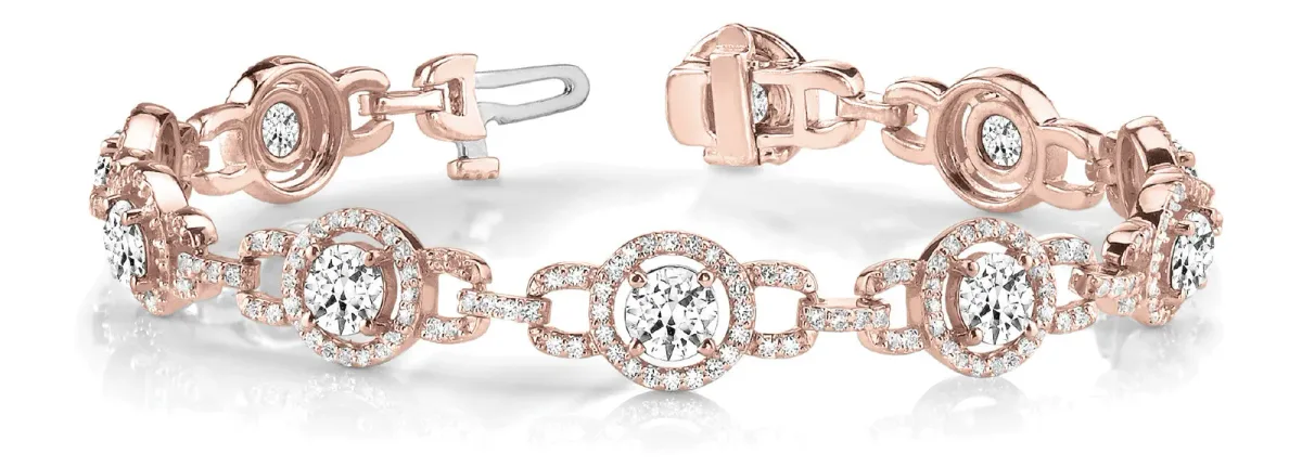 Round Diamond Halo Link Bracelet with Prong Setting Rose gold