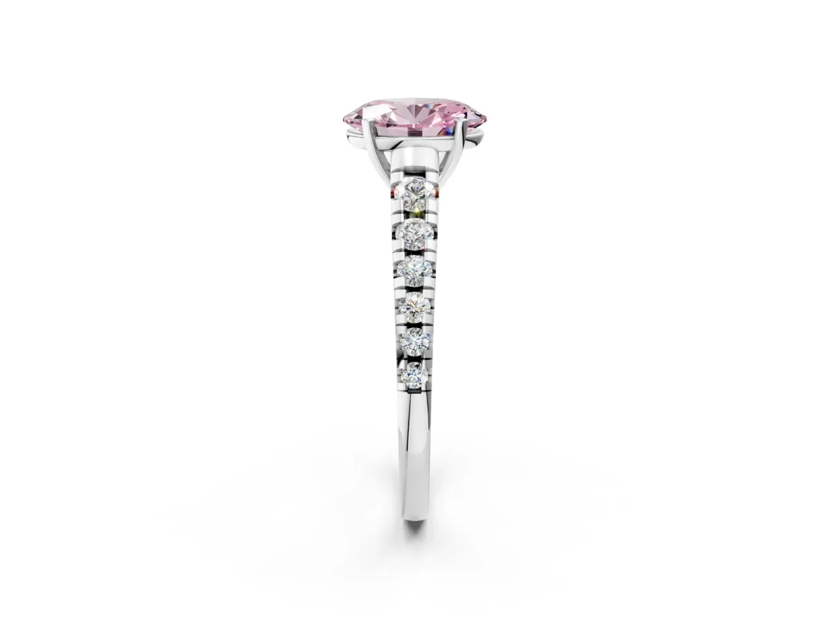 Fancy Pink Oval Cut Diamond Cathedral Solitaire Ring with Round Pavé Band Silver