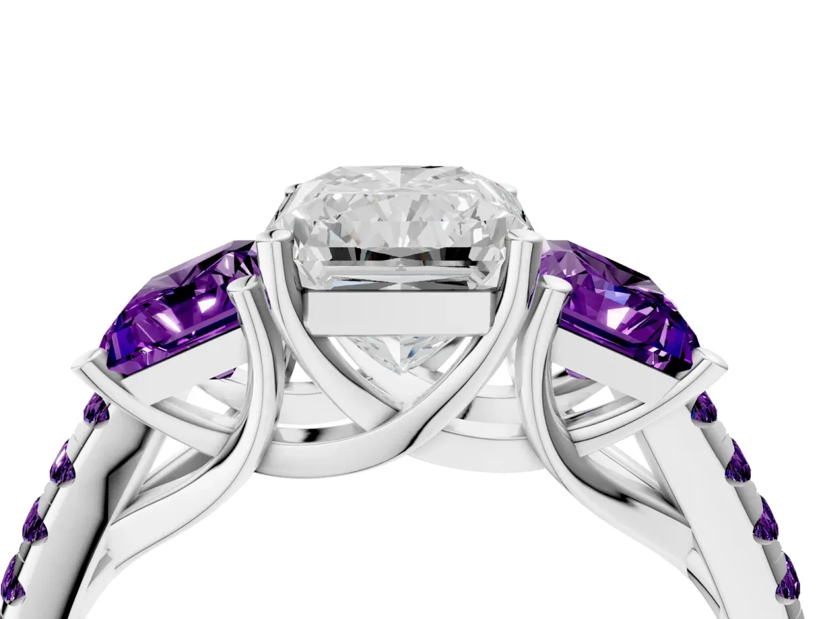 Three-Stone Radiant Cut Diamond Ring with Round Amethyst Pavé Band and Prong Setting Silver