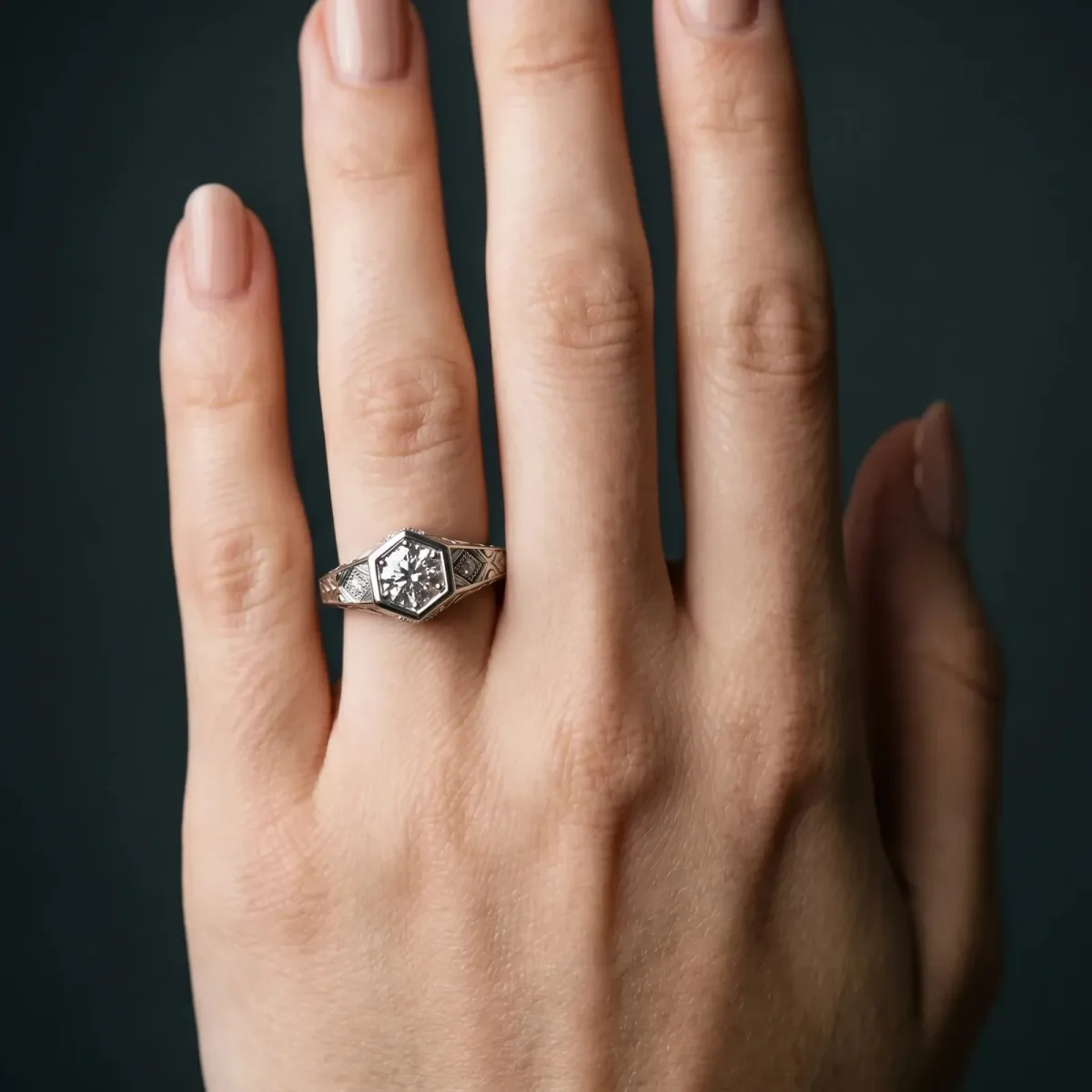 Hexagonal Bezel Round Cut Diamond Engraved Band Prong Ring Platinum
