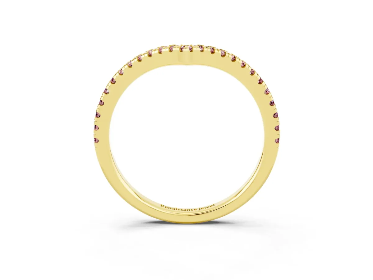 Pavé Round Morganite V-Shaped Chevron Band with Shared Prong Setting Yellow gold