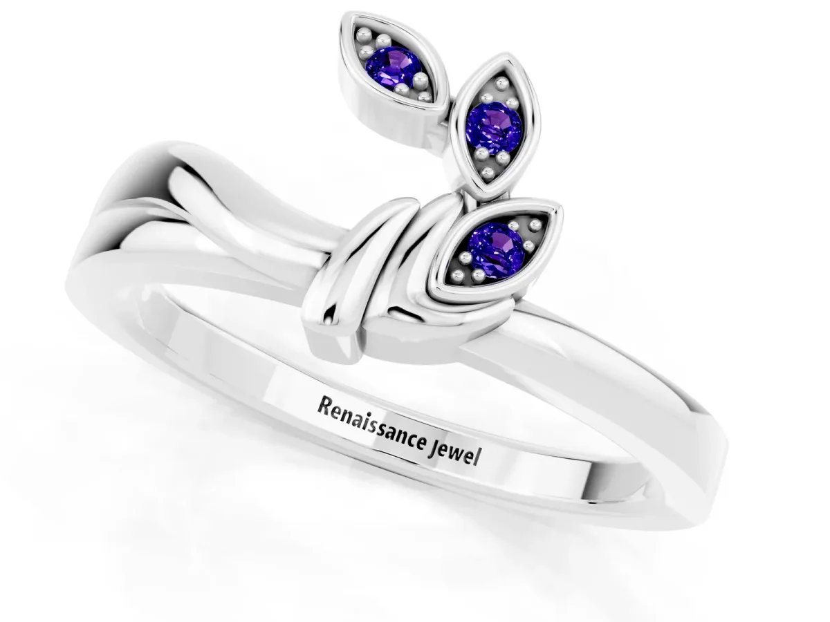 Three-Stone Round Tanzanite Leaf Bypass Ring with Bezel Setting Platinum