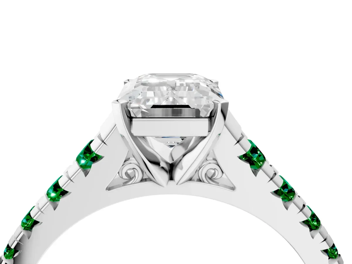 Emerald Cut Diamond Cathedral Solitaire Ring with Round Emerald Pavé Band Platinum