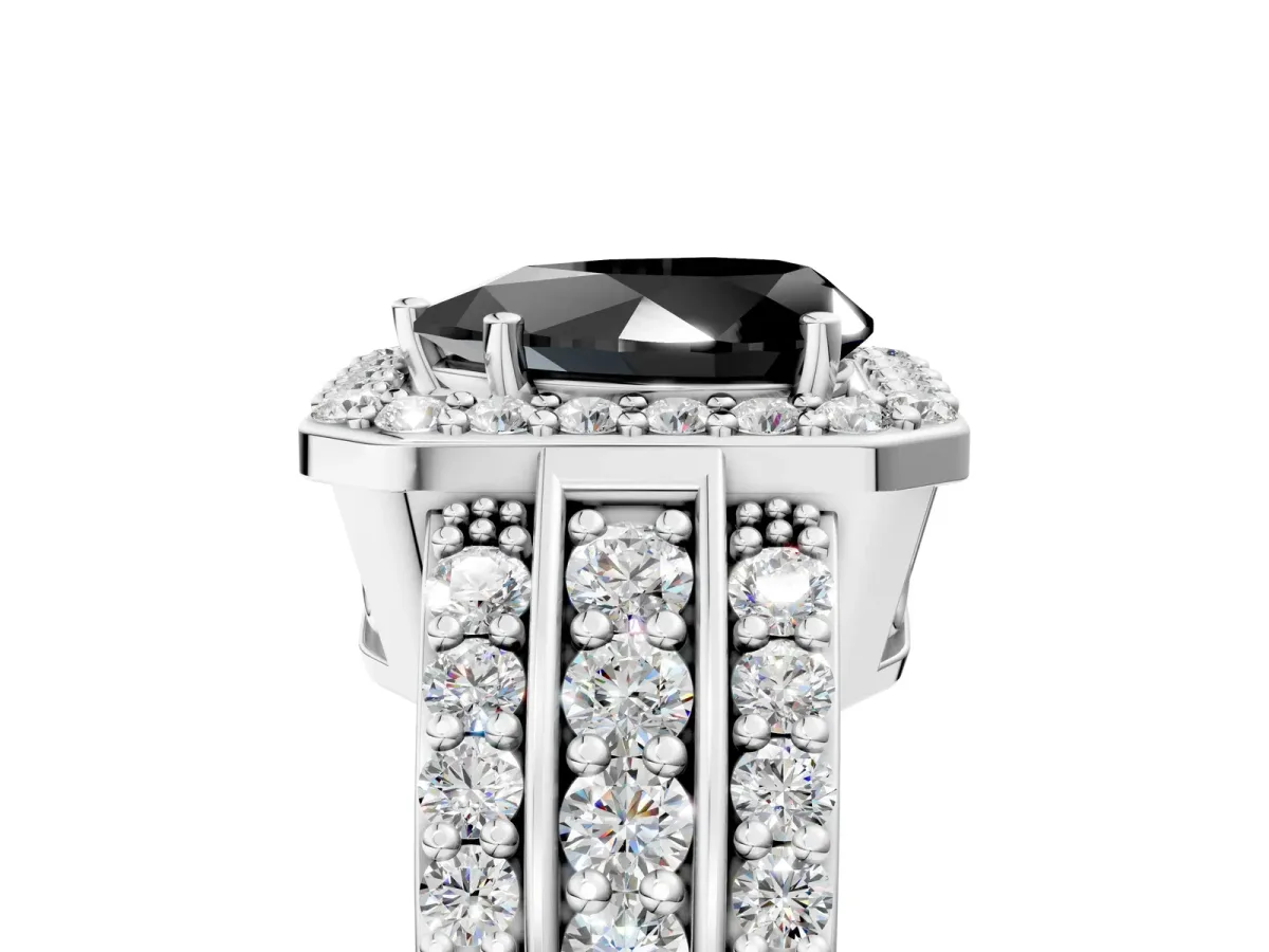 Fancy Black Pear Cut Halo Diamond Ring with Round Split Shank and Prong Setting Platinum