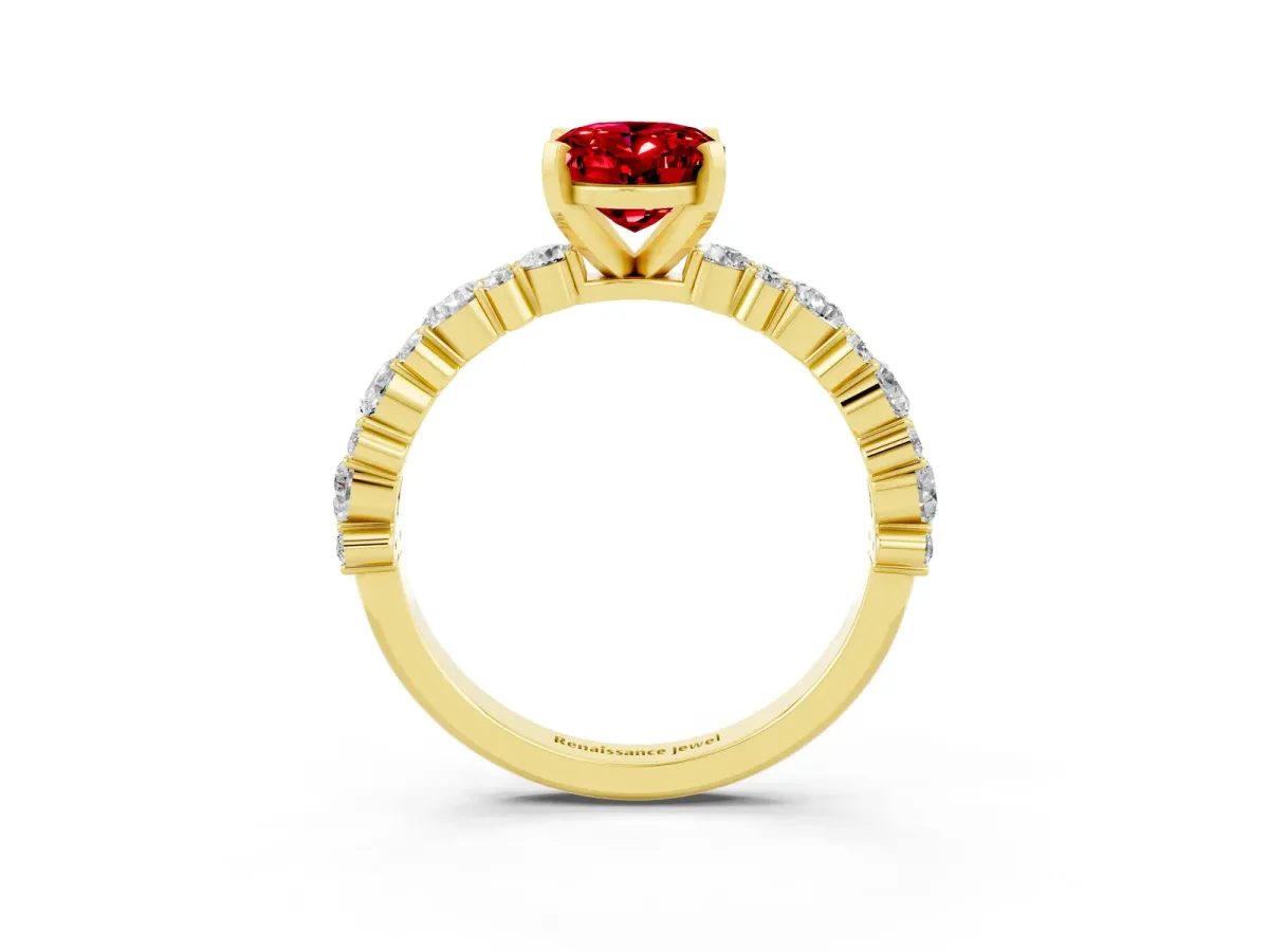 Oval Cut Ruby Side Stone Solitaire Ring with Round and Four-Prong Setting Yellow gold