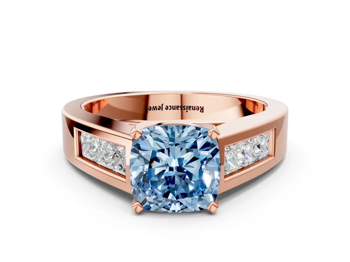Fancy Blue Cushion Cut Cut Channel Set Solitaire Ring with Four-Prong Setting Rose gold