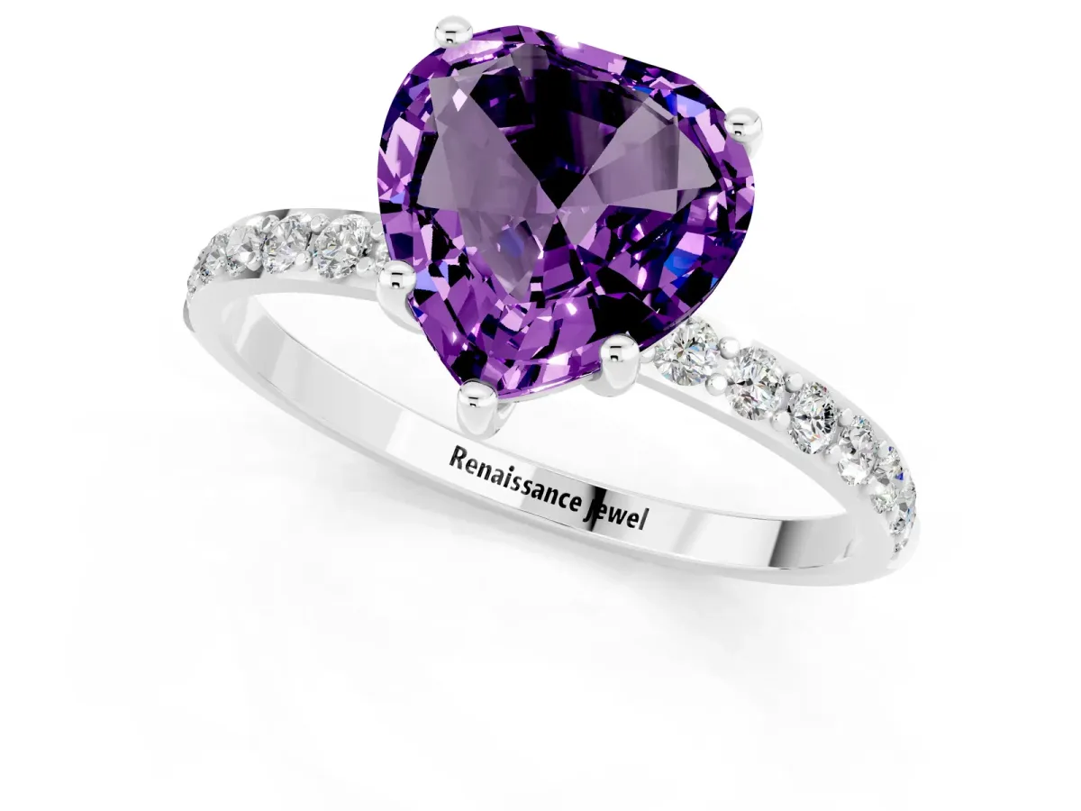 Heart Cut Amethyst Solitaire Ring with Round Pavé Band and Prong Setting Silver