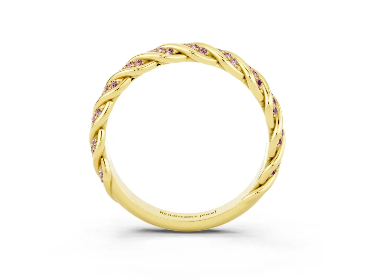 Twisted Pavé Round Morganite Eternity Band with Shared Prong Setting Yellow gold