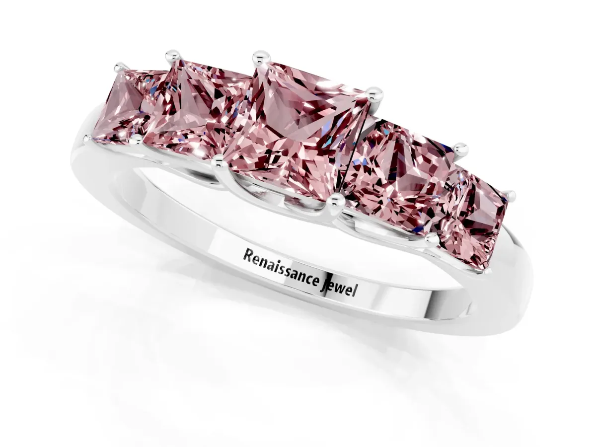 Princess Cut Five-Stone Morganite Ring with Classic Prong Setting White gold