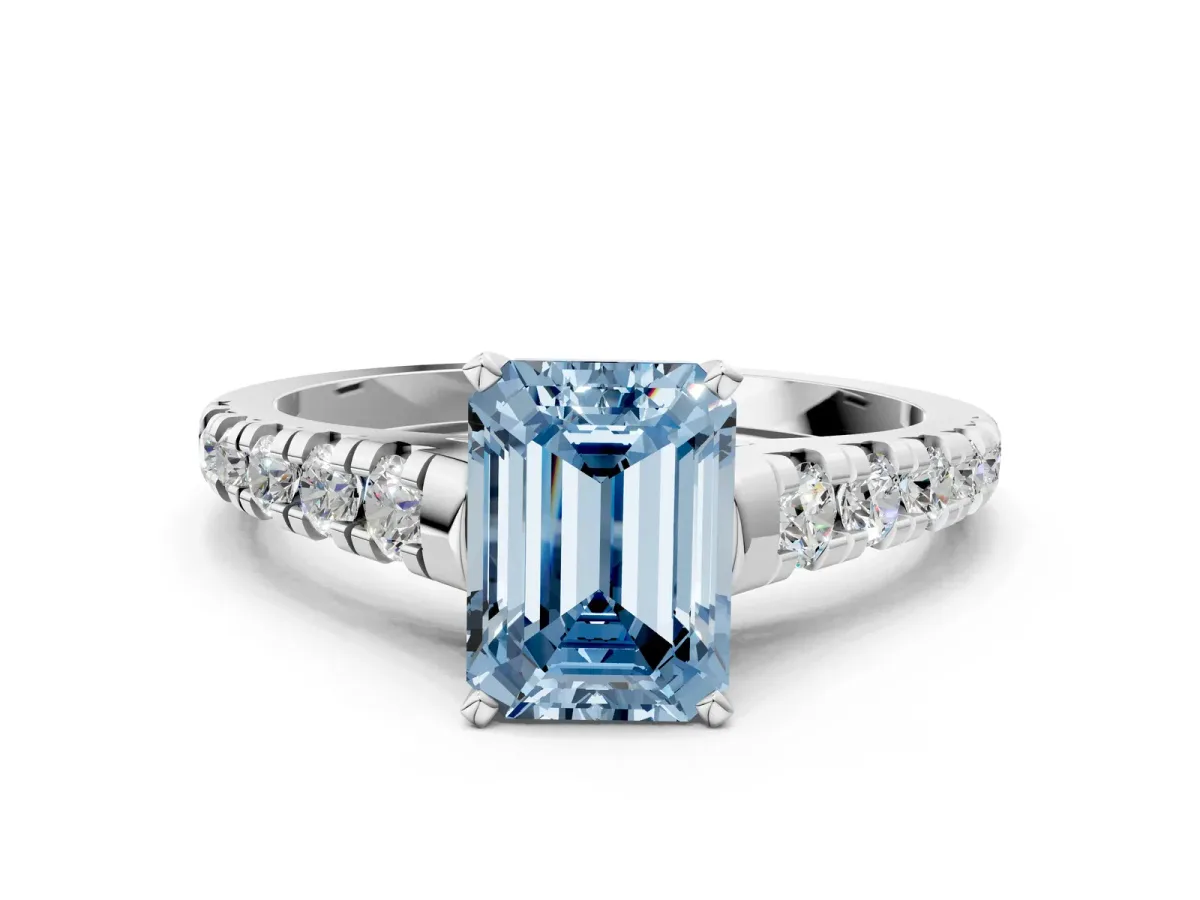 Fancy Blue Emerald Cut Diamond Cathedral Solitaire Ring with Round Pavé Band Silver