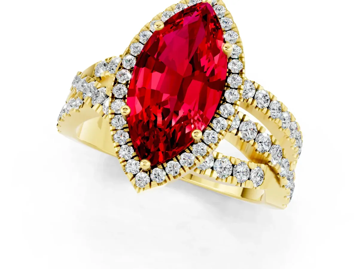 Marquise Cut Ruby Halo Ring with Round Split Shank and Prong Setting Yellow gold